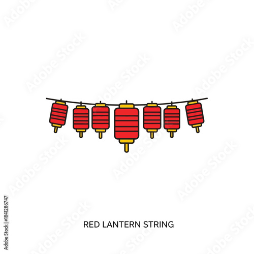 Celebratory string of vivid red Chinese lanterns with festive illumination