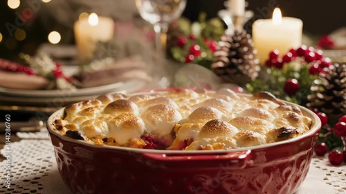 Festive holiday dinner with warm baked casserole surrounded by candles and holiday accents