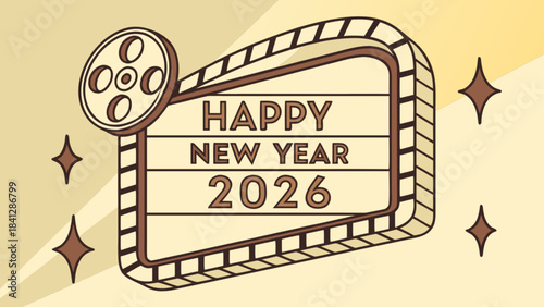 A film clapboard with happy new year 2026 text on a yellow background with sparkles