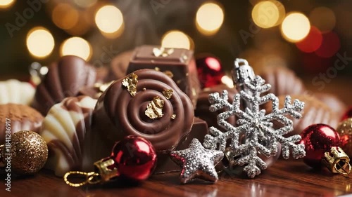 Festive holiday chocolates and ornaments with blurred warm light background