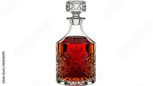  ia generated. Luxurious amber liquid in a crystal decanter bottle isolated on transparent background
