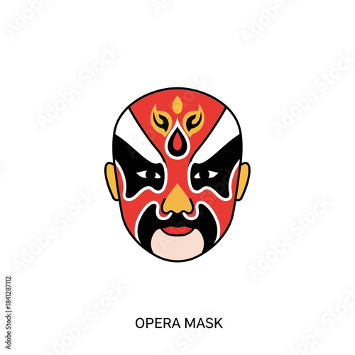 Stylized traditional Chinese opera mask featuring vibrant colors and bold design