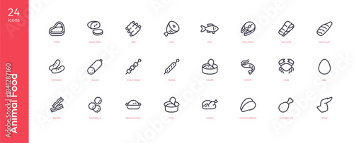 Animal food, meat and protein source icon set. Vector illustration. Flat outline black and white symbol isolated. Cooking collection. Pictograms of steak, roast beef, ribs, poultry, fish and sausage