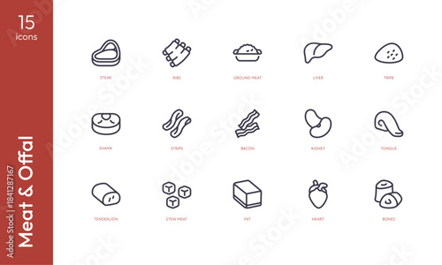 Meat, offal and protein source icon set. Vector illustration. Flat outline black and white symbol isolated. Cooking collection. Pictograms of steak, ribs, ground, meat, liver, tripe, shank, strips