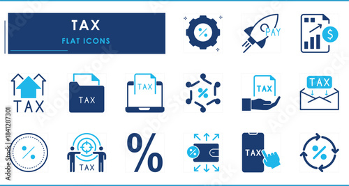 A set of flat icons related to Tax. Tax, system, pay, digital, paper, rule, income, salary, percentage, and so on.