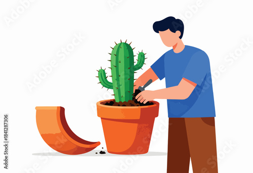 Man repotting a cactus into an orange pot, soil scattered