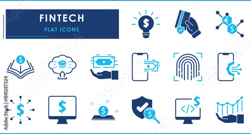A set of flat icons related to Fintech. Tech, finance, money, currency, digital, earn, pay, secure, and so on.