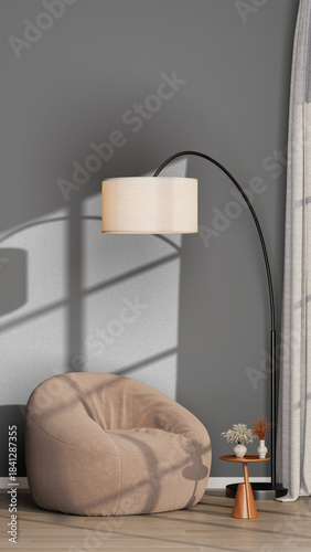 Vertical Mockup: Relaxed Interior with Empty Grey Wall, Beige Beanbag Chair, Arc Lamp, and Bright Sunlight | Transparent Background