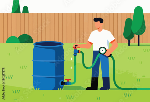 Man connects hose to barrel, water drips from gauge, collecting rainwater