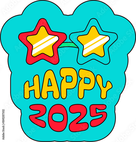 Multicolored disco glasses with star shaped frames for New Year costume. New Year sticker or gift card in old style of 2000. Cartoon Y2K retro sticker on white background