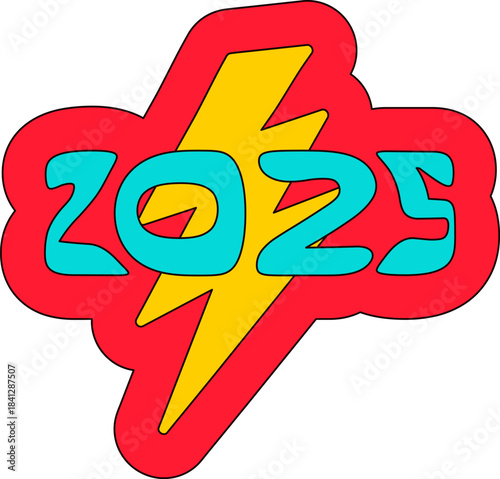 Red illustration with text 2025 and lightning. New Year sticker or gift card in old style of 2000. Cartoon Y2K retro sticker on white background