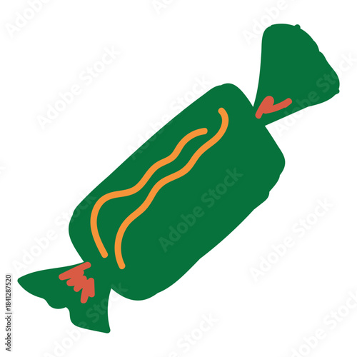 Hand drawn caramel candy wrapped in green wrapper, element of winter festival decoration. Simple scribble shape freehand vector icon isolated on white background