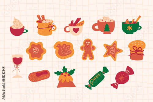 Hand-drawn vector set of cozy Christmas, Winter, and New Year holiday symbols, including food, drinks, gifts, and traditional decorations on the grid background