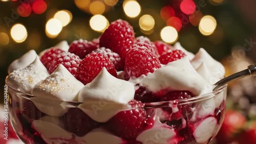 Delicious Raspberry Dessert with Whipped Cream and Festive Bokeh Lights