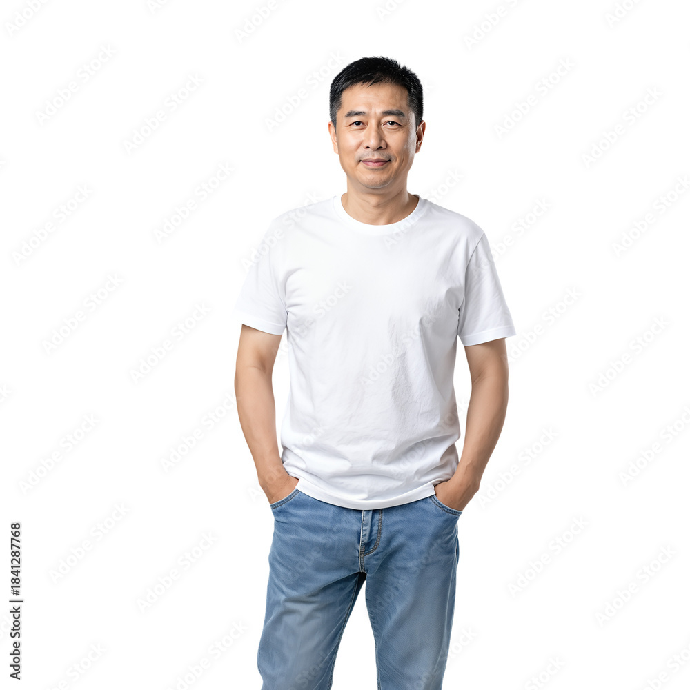 Fototapeta premium Smiling Asian man in white shirt and jeans standing confidently