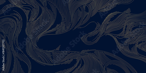 Elegant gold wave pattern, soft linear curves, art deco elements, Japanese, Chinese. Luxury abstract vector flowing background, texture, organic packaging.
