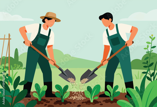 Two farmers in overalls planting seeds with shovels in a garden