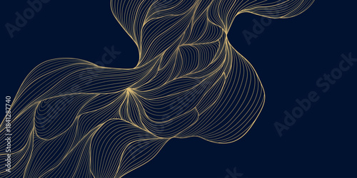 Elegant gold wave pattern, soft linear curves, art deco elements, Japanese, Chinese. Luxury abstract vector flowing background, texture, organic packaging.