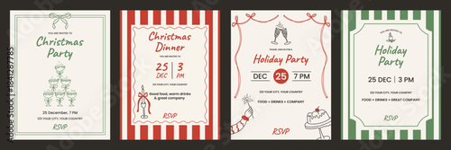 Christmas and New Year dinner invitation and menu card set in minimal vintage style.