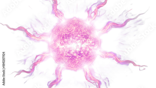 IA generated. Abstract vibrant pink energy sphere with glowing plasma tentacles radiating outwards, isolated on a white background. Futuristic 3D render representing power, science, or cosmic energy.