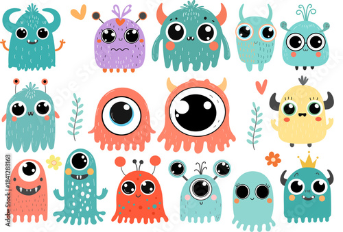 Cute colorful cartoon monsters and friendly set. Funny characters for kids vector illustration