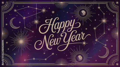 Wallpaper Mural A luxurious New Year greeting card featuring an
elegant celestial design against a rich deep purple background with shimmering gold accents. Torontodigital.ca