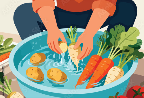 Hands washing fresh vegetables including potatoes, carrots, and turnips in a blue basin