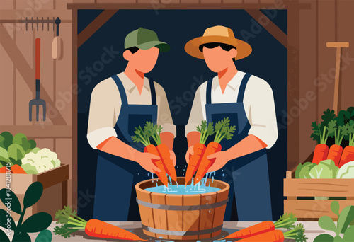 Two farmers washing fresh carrots in a wooden bucket inside a barn