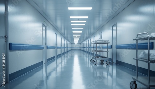 Long, empty, and sterile hospital corridor with bright fluorescent lighting and medical equipment carts, concept for healthcare, crisis and recovery