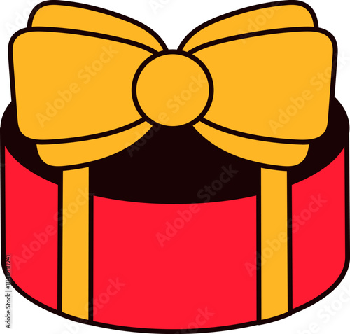 Round gift box wrapped in red gift paper tied with a fancy golden bow. New Year sticker or gift card in old style of 2000. Cartoon Y2K retro sticker on white background