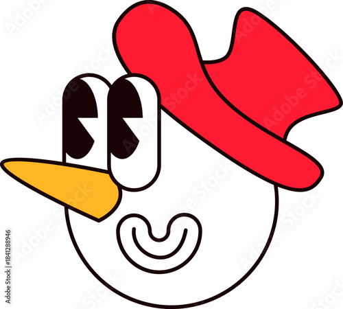 Head of funny snowman with carrot nose in top hat. New Year sticker or gift card in old style of 2000. Cartoon Y2K retro sticker on white background