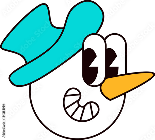 Head of funny snowman with carrot nose in top hat. New Year sticker or gift card in old style of 2000. Cartoon Y2K retro sticker on white background