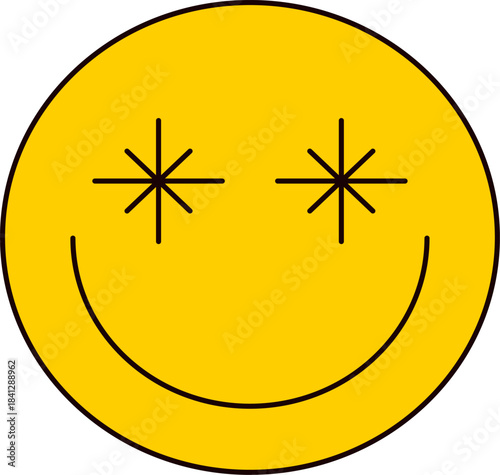 Yellow round smiling emoji with eyes shining with happiness. New Year sticker or gift card in old style of 2000. Cartoon Y2K retro sticker on white background