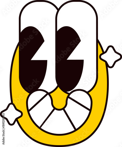 Silly yellow cartoon character with bulging eyes and goofy smile. New Year sticker or gift card in old style of 2000. Cartoon Y2K retro sticker on white background