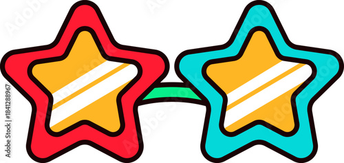 Multicolored disco glasses with star shaped frames for New Year costume. New Year sticker or gift card in old style of 2000. Cartoon Y2K retro sticker on white background