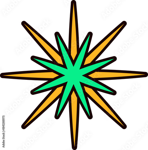 Bright flash of fireworks after explosion of New Year pyrotechnics. New Year sticker or gift card in old style of 2000. Cartoon Y2K retro sticker on white background