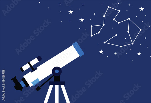 Telescope pointed skyward, observing constellations, stars, and celestial bodies