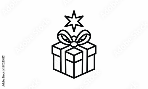 Minimalist line art gift box icon featuring a beautiful ribbon bow and a shining star symbolizing celebration and surprise