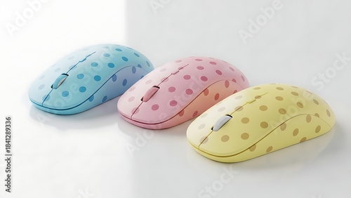 3D image Pastel Polka Dot Computer Mice Trio, Stylish Tech Accessories, Cute Desk Setup, Colorful Design, Functional Gadget, Modern Workspace.