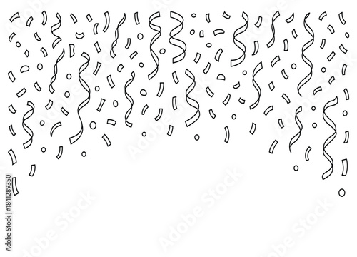 Monochrome falling confetti and curled streamers vector graphic outline design for festive celebration party backgrounds