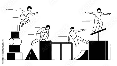 Dynamic Parkour Athletes Performing Extreme Stunts and Jumps Over Urban Obstacles in Stylized Line Art Illustration