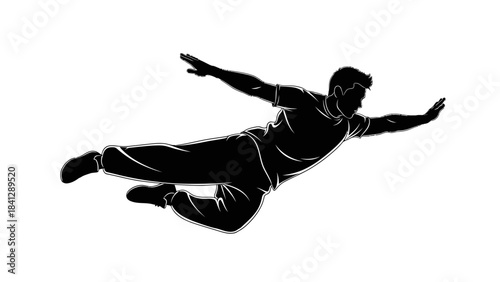 Silhouette of a Man Flying Like a Superhero Dynamic Action Pose Isolated on White Background