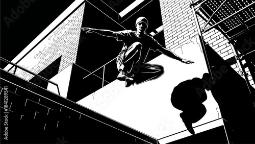 Dynamic Parkour Athlete Leaping Between Urban Buildings in Stark Black and White