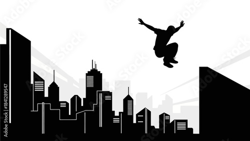 Urban Athlete Leaping Across City Skyline Silhouette Extreme Parkour and Free Running Concept