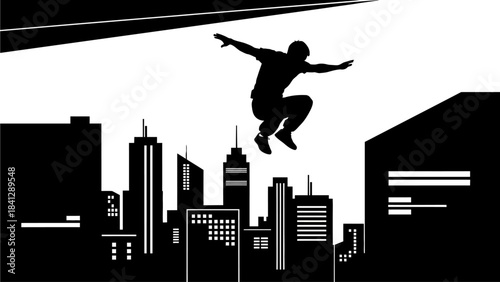 Silhouette of a Parkour Athlete Jumping Over a City Skyline at Night Dynamic Urban Action