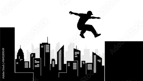 Silhouette of a parkour traceur jumping between buildings in a stylized cityscape representing urban extreme sports and freedom
