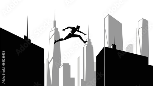 Silhouette of a Parkour Athlete Leaping Between Rooftops in a Stylized Cityscape
