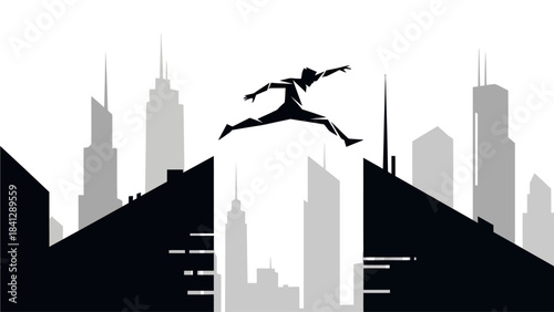 Silhouette of a person leaping across a city gap symbolizing overcoming challenges and reaching new heights in urban success