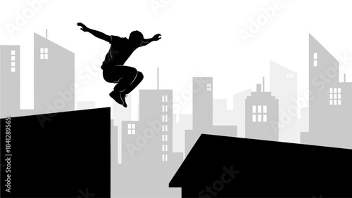 Dynamic Silhouette of a Parkour Athlete Jumping Between Buildings in a Cityscape
