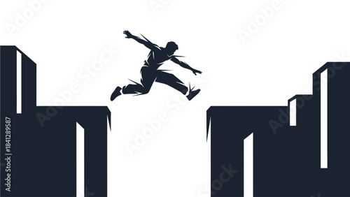 Urban Athlete Leaping Between Buildings in Dynamic Parkour Silhouette Illustration